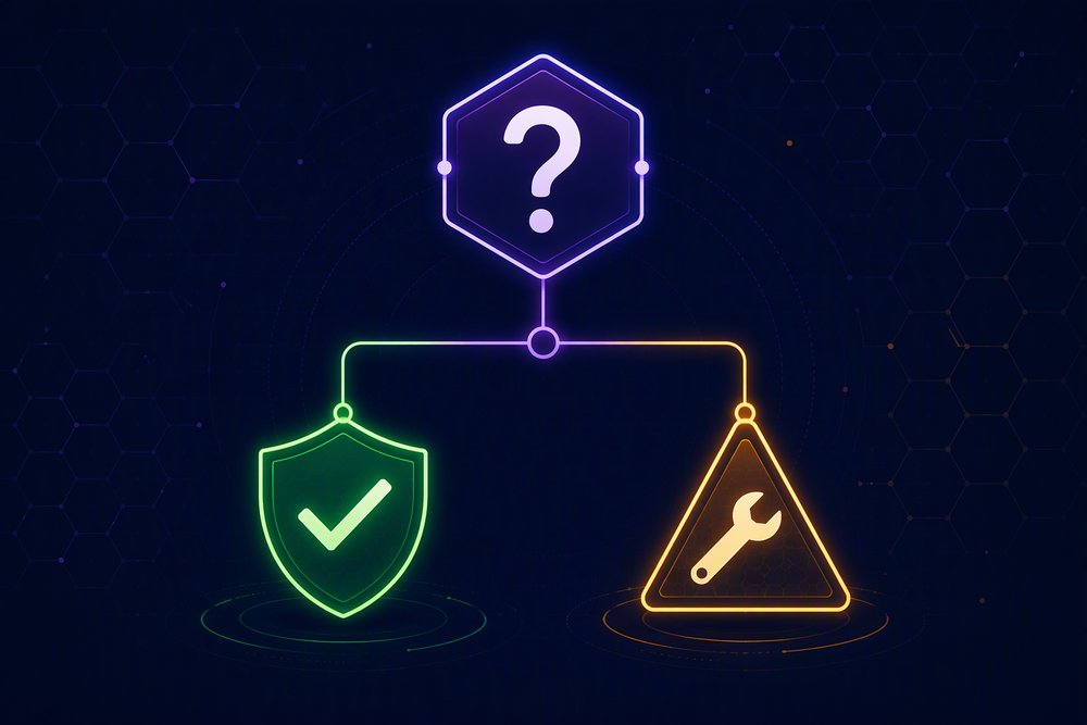 Deciding whether software needs a code audit: healthy code with a green check shield versus code needing review with an amber warning sign