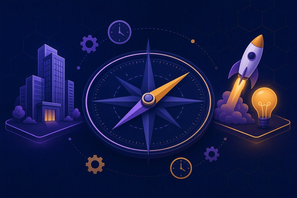Brújula de decisión entre framework para proyecto enterprise o startup MVP: edificio corporativo frente a cohete con bombilla